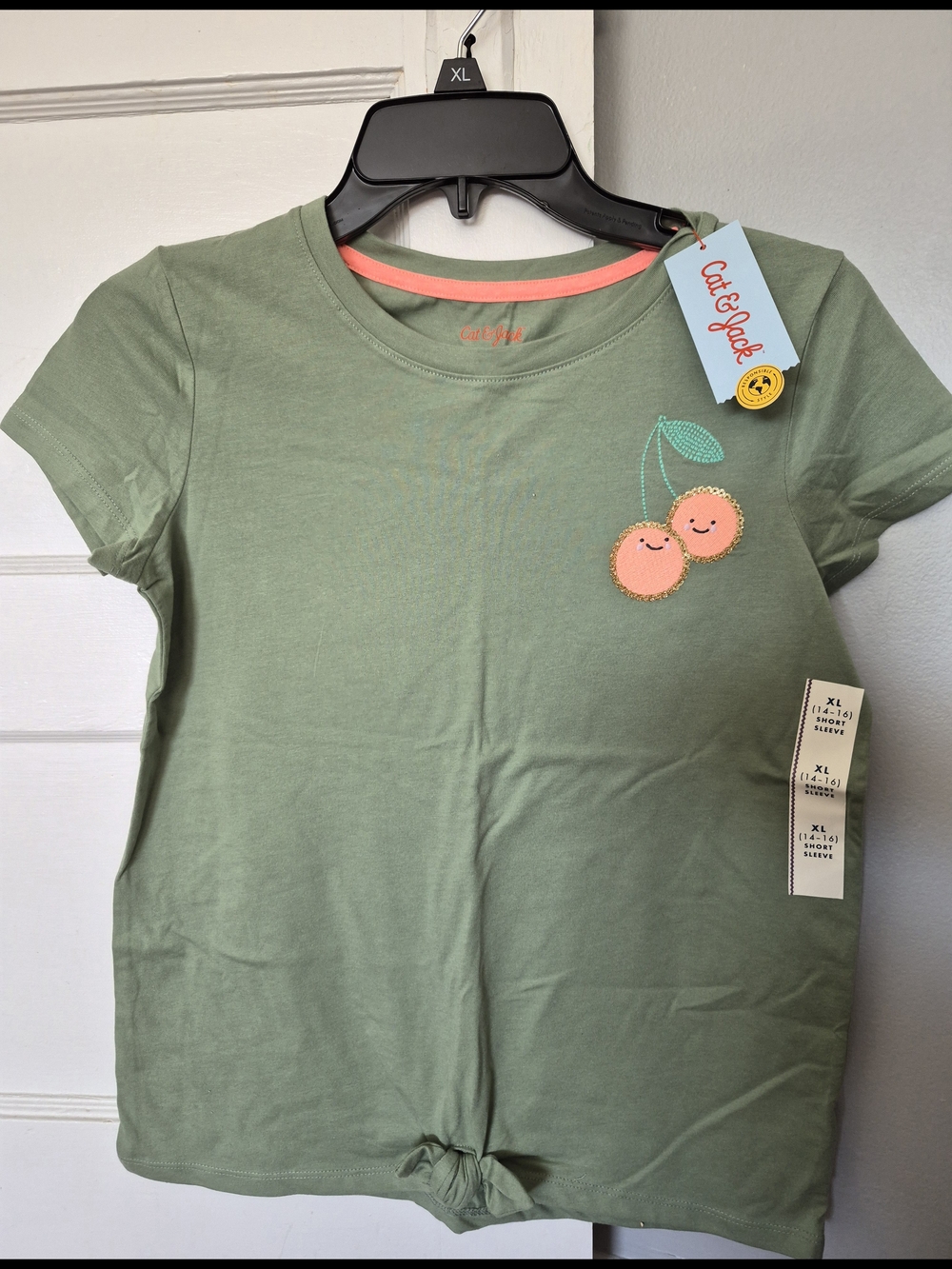 Cat & Jack Olive Green Short Sleeve Tee with Peach Cherry Patch